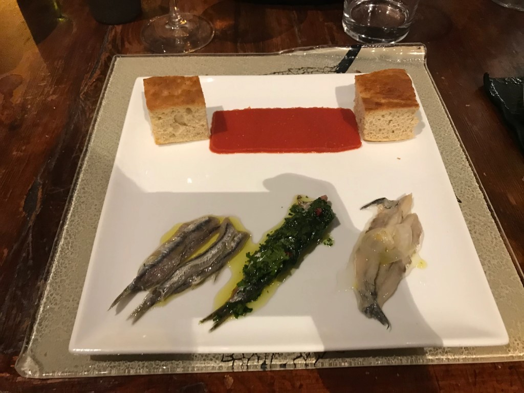 Anchovy trio with tomato sauce and focaccia bread at Osteria I'Ciocio, Suvereto