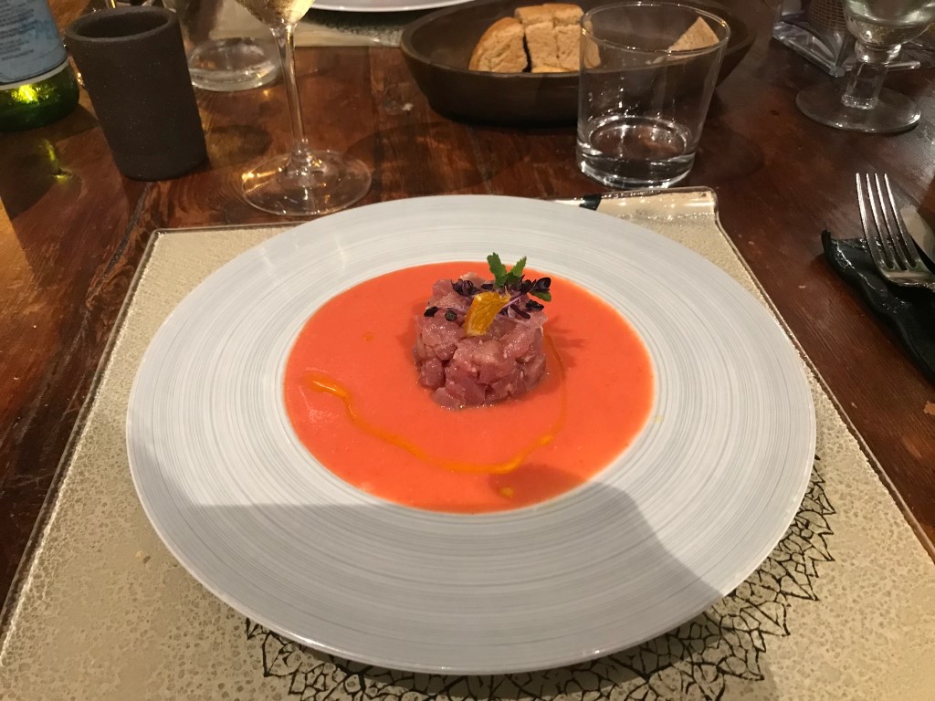 Tuna tartare with tomato gazpacho sauce, served at Osteria I'Ciocio in Suvereto, Tuscany