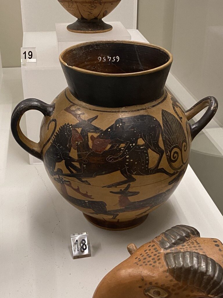 Ancient Etruscan black-figure amphora with mythological creatures, Villa Giulia Museum, Rome