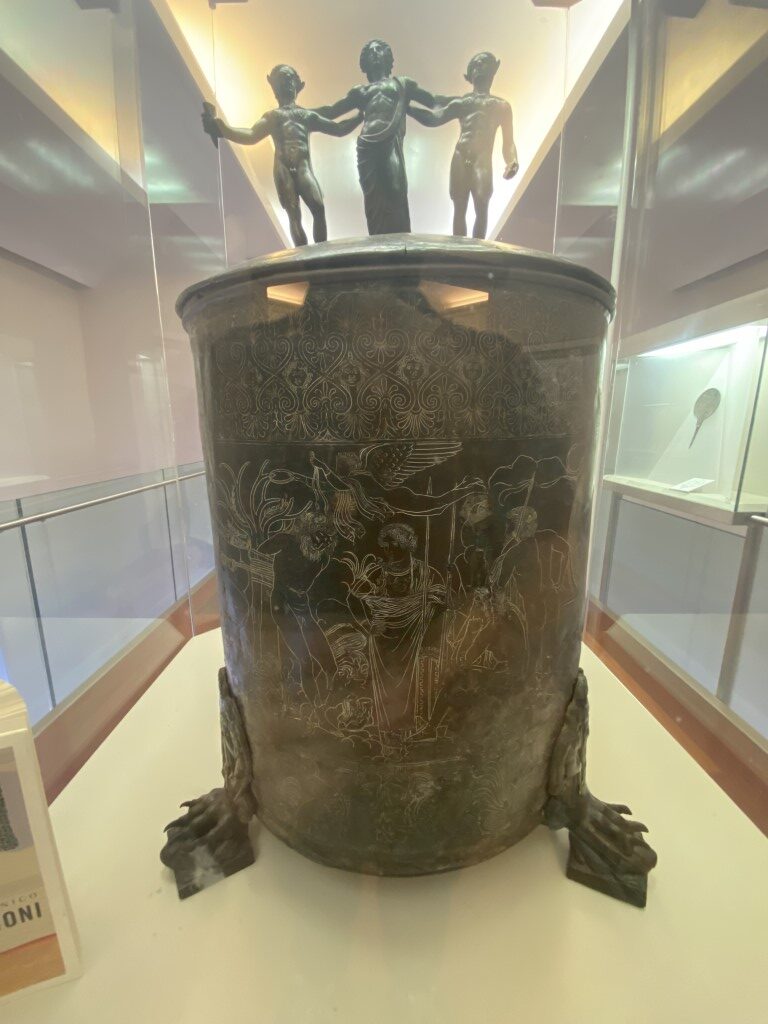 Ficoroni Cista, an engraved bronze cylindrical container at Villa Giulia Etruscan Museum, Rome