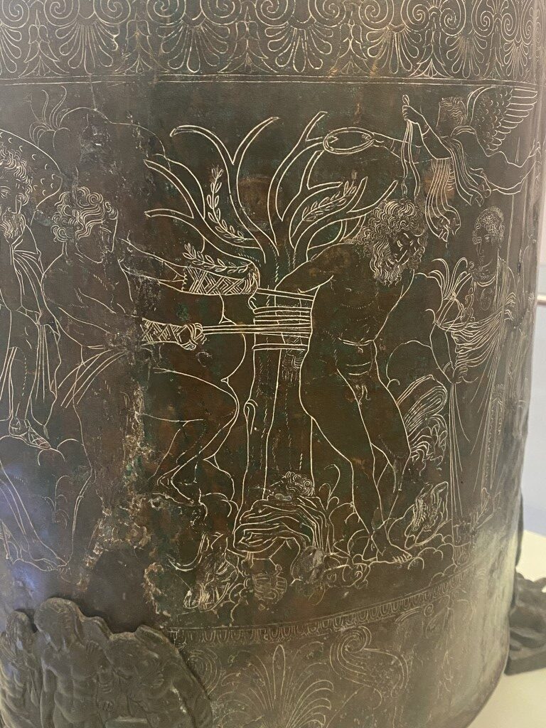 Engraved bronze vessel with mythological scene, National Etruscan Museum Villa Giulia, Rome