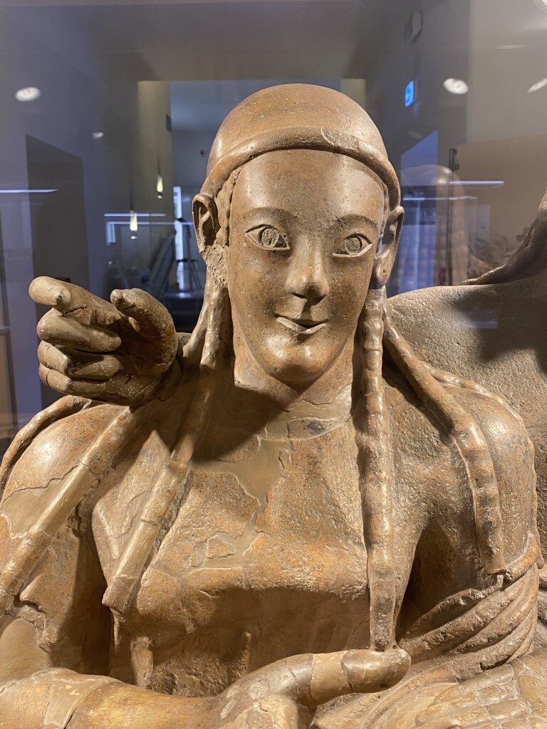 Close-up of the terracotta Sarcophagus of the Spouses at Villa Giulia Etruscan Museum, Rome