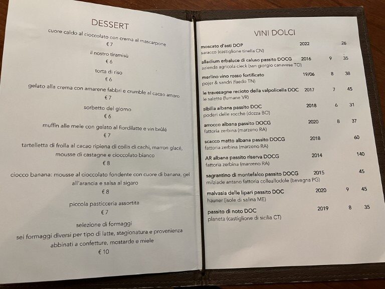 Parlor Bologna dessert and vini dolci menu pages with Italian sweets and sweet wines listed