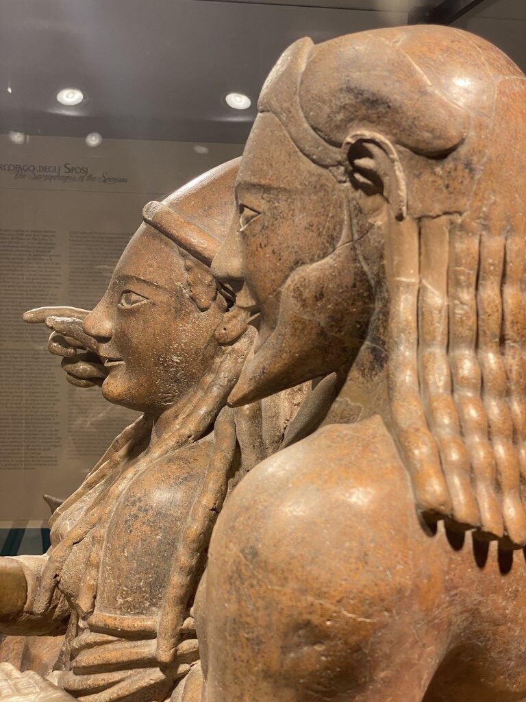 Close-up of the Sarcophagus of the Spouses, Etruscan terracotta masterpiece at Villa Giulia, Rome