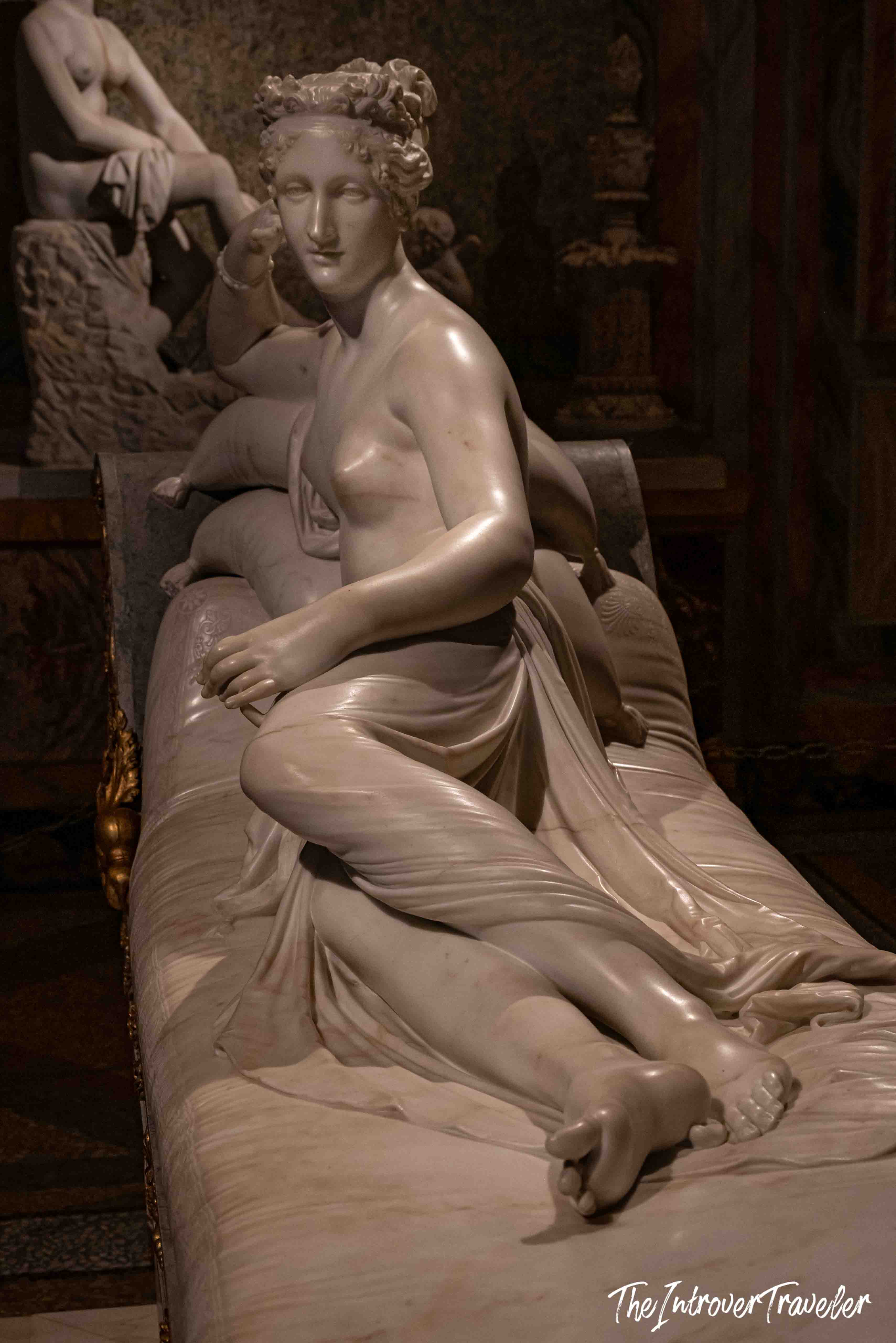 Canova's Pauline Borghese as Venus Victrix, reclining marble sculpture at the Borghese Gallery, Rome