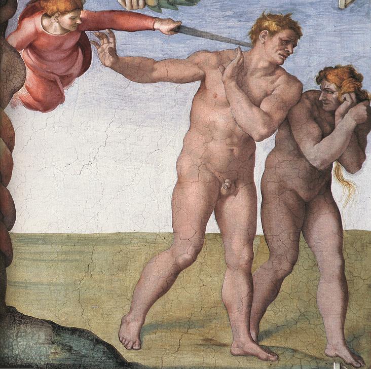 Masaccio's Expulsion from Paradise fresco in the Brancacci Chapel, showing Adam and Eve driven out by an angel