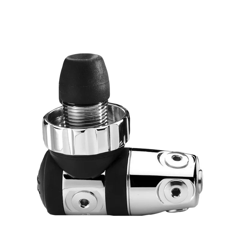 Chrome DIN regulator first stage fitting shown close up, compact and secure for technical scuba diving