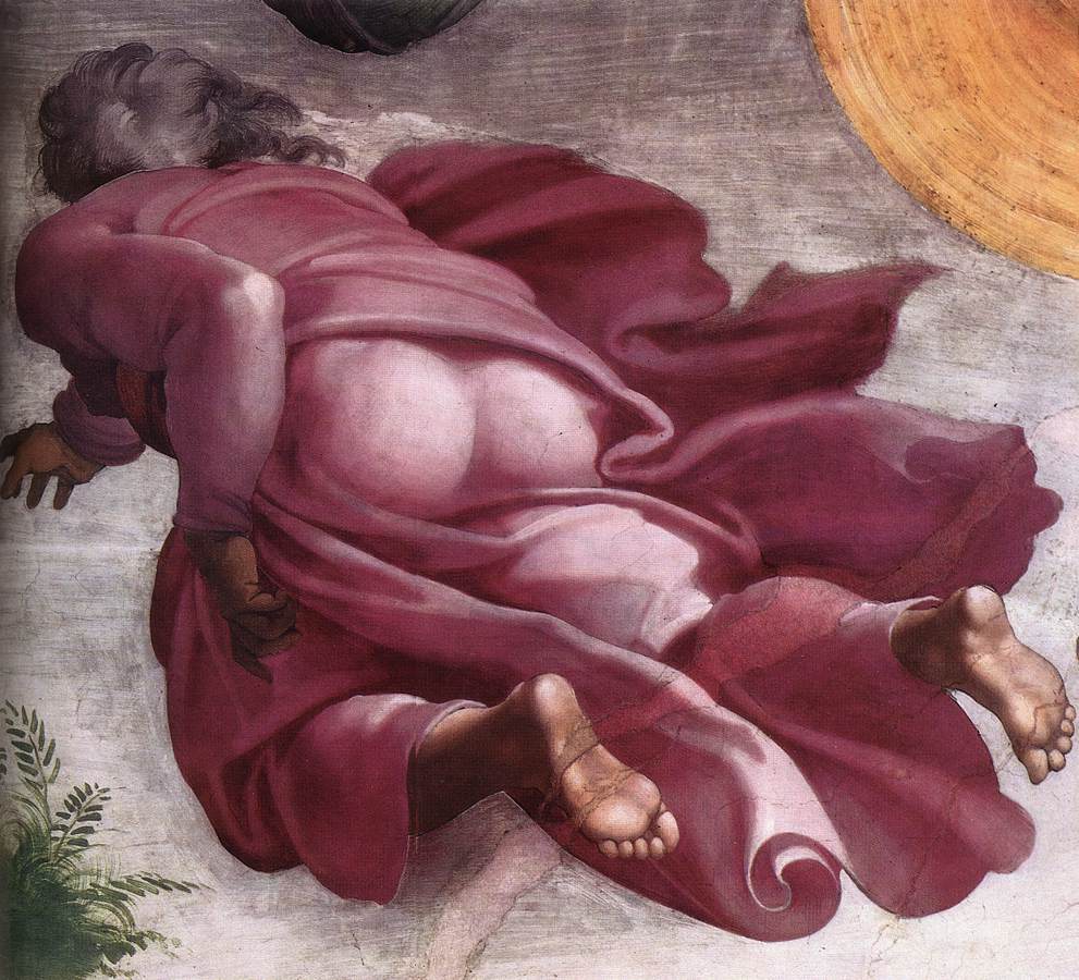 Detail of God in crimson robes, Sistine Chapel ceiling fresco by Michelangelo, Vatican City