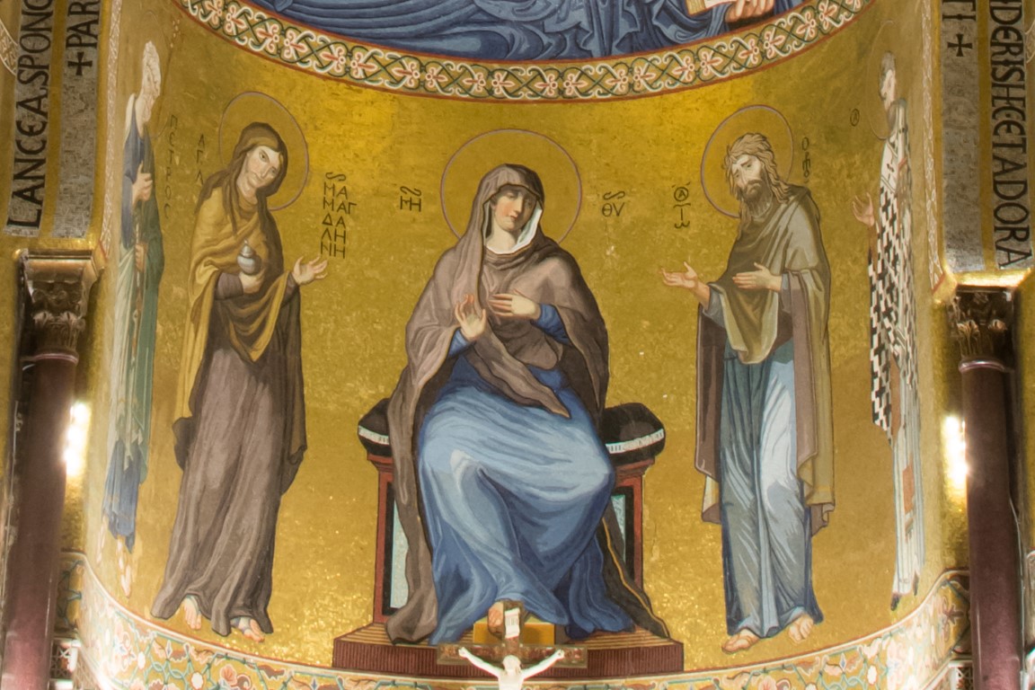 Gold Byzantine apse mosaic with enthroned Virgin Mary, Mary Magdalene, and John the Baptist, Palatine Chapel Palermo