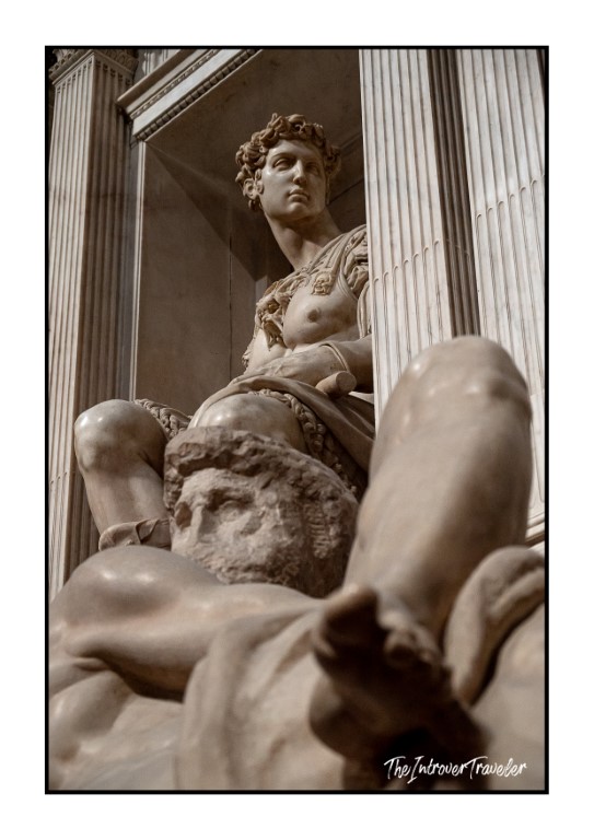 Low-angle view of Giuliano de Medici statue by Michelangelo, Medici Tombs, Florence