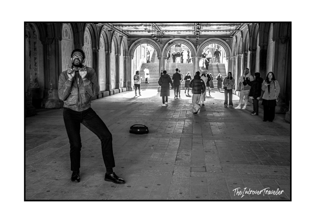 Street performer dancing at Bethesda Terrace underpass, Central Park, NYC street photography 2024
