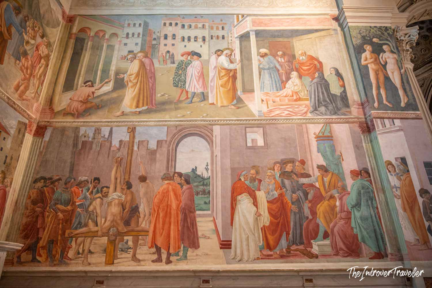 Brancacci Chapel frescoes by Masaccio, showing scenes of Saint Peter across two registers
