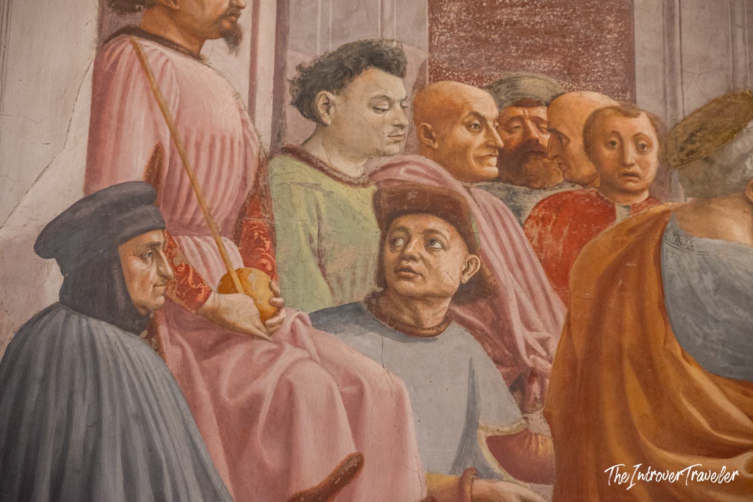 Close-up detail of figures in the Brancacci Chapel frescoes by Masaccio, Florence