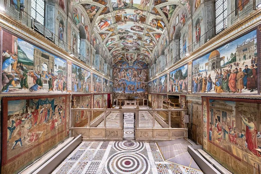 Sistine Chapel interior showing Michelangelo's ceiling frescoes and Last Judgment, Vatican City