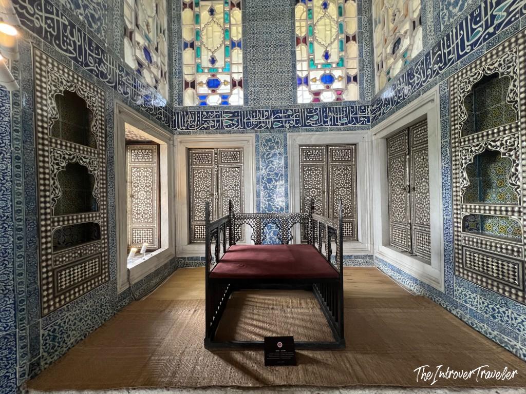 Imperial throne room in Topkapi Palace Harem, Istanbul, with Iznik tiles and stained glass windows