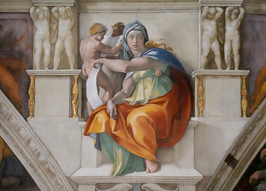 Delphic Sibyl by Michelangelo, vibrant fresco on the Sistine Chapel ceiling, Vatican City