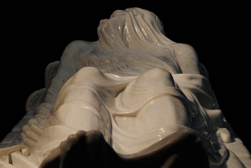 Close-up of the Veiled Christ by Giuseppe Sanmartino, marble sculpture at Sansevero Chapel Naples