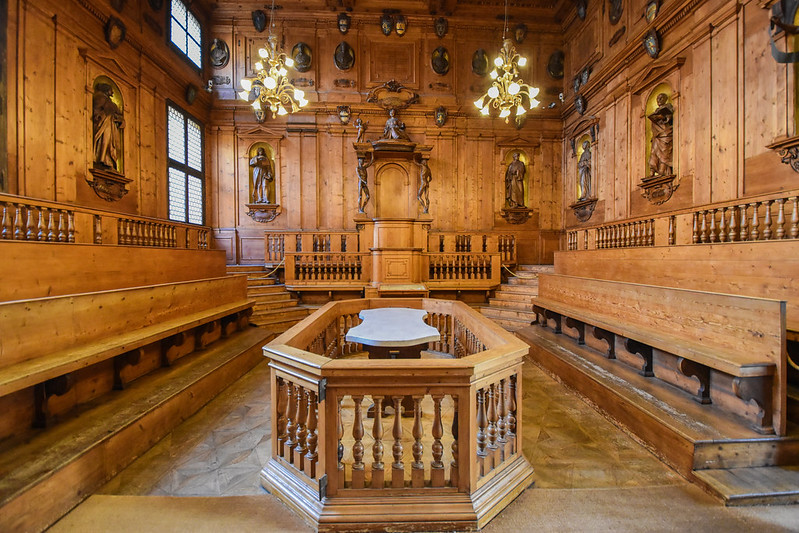 Historic Teatro Anatomico at Archiginnasio Palace, Bologna, restored Baroque wooden interior with anatomical table