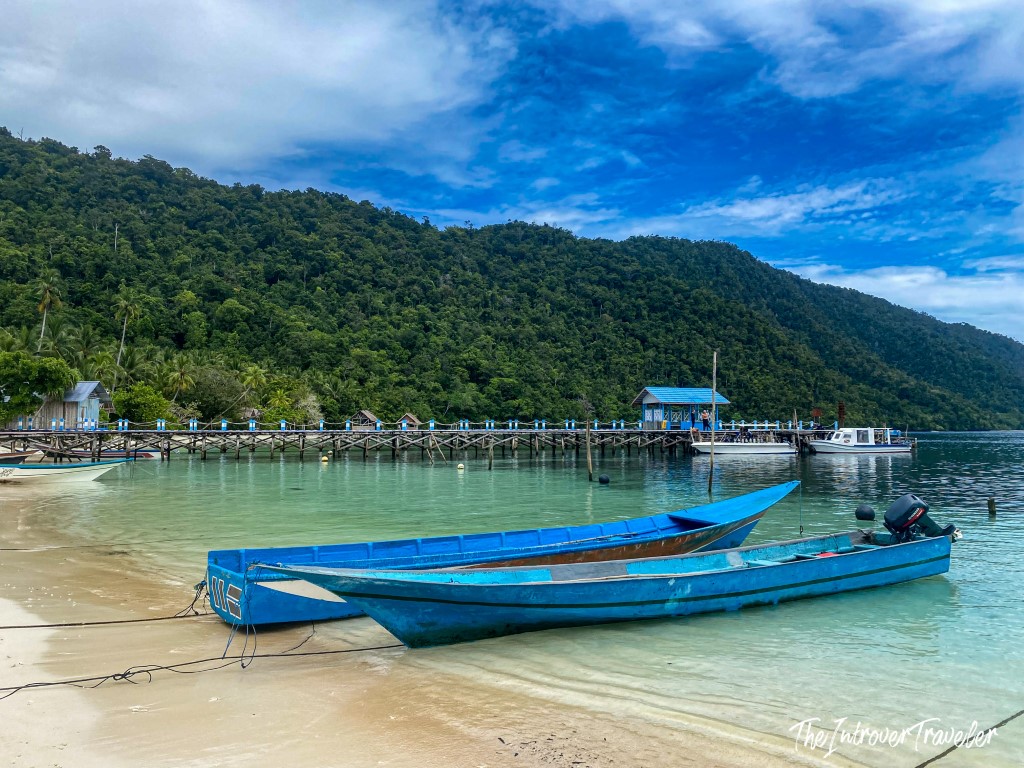 Blue wooden boat beached on Raja Ampat shore, with jungle-covered hills and a stilt pier behind