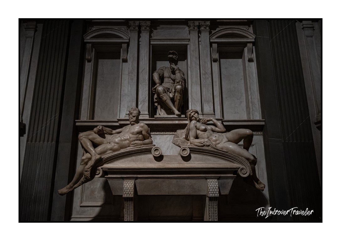 Michelangelo's Tomb of Lorenzo de' Medici with Dusk and Dawn sculptures, Medici Chapel Florence