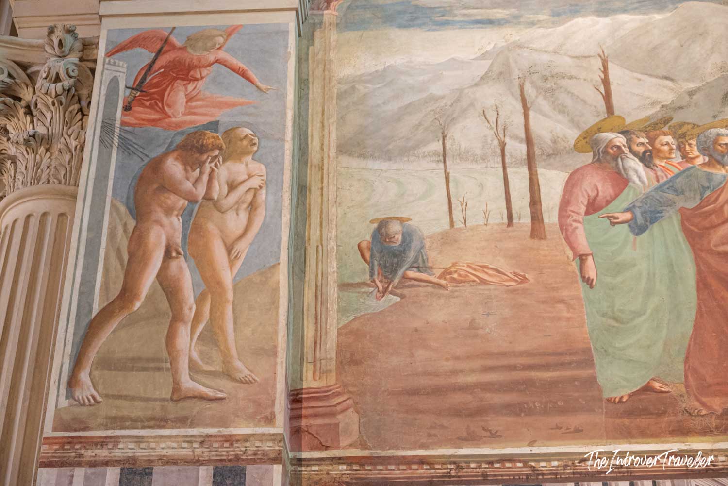 Masaccio's Expulsion from Eden fresco in the Brancacci Chapel, Florence, showing Adam and Eve in anguish