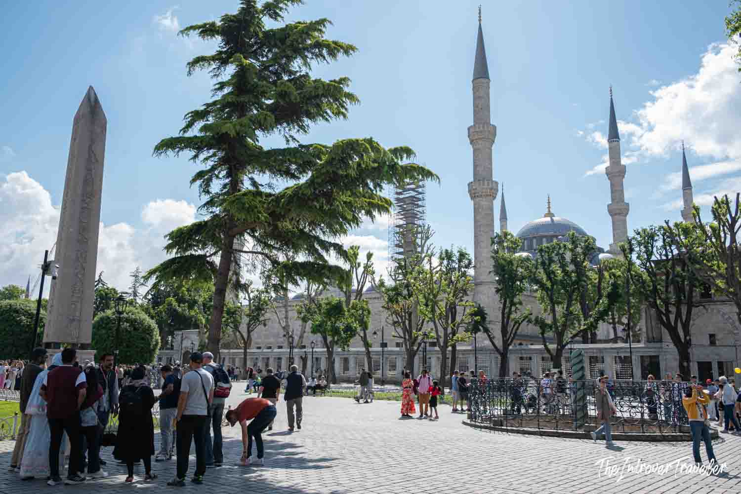 Obelisk of Theodosius and Blue Mosque minarets viewed from the Hippodrome in Istanbul