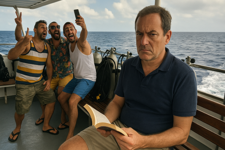 Grumpy man reading on a liveaboard deck while rowdy tourists take selfies behind him