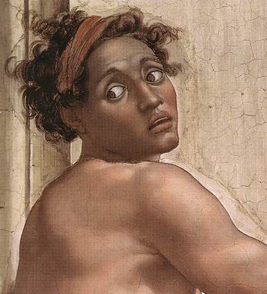 Close-up detail of a figure from Michelangelo's Sistine Chapel ceiling fresco, Vatican City