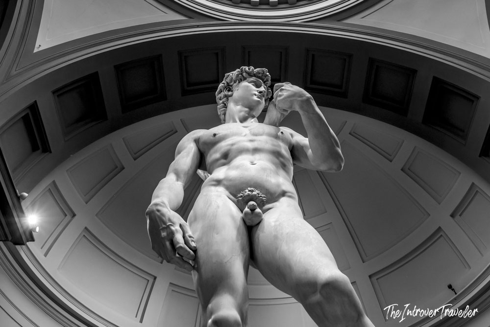 Low-angle view of Michelangelo's David under the rotunda dome at Galleria dell'Accademia, Florence