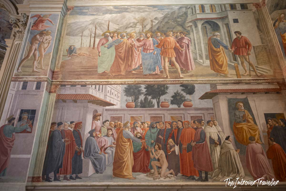 Masaccio and Masolino frescoes in the Brancacci Chapel, showing the Tribute Money and Saint Peter scenes