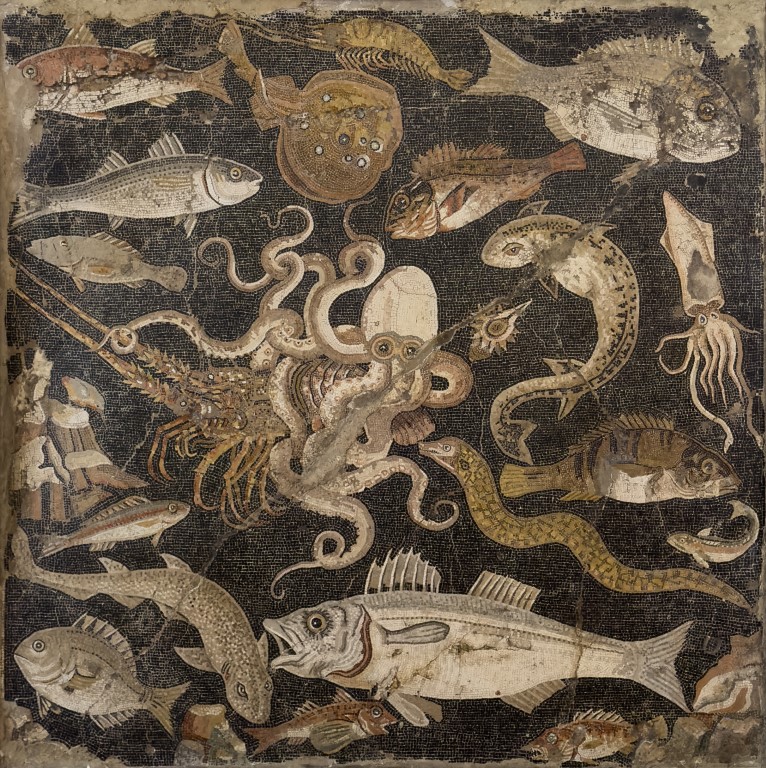 Ancient Roman seafood mosaic from Pompeii, now at MANN Naples, depicting fish and sea creatures