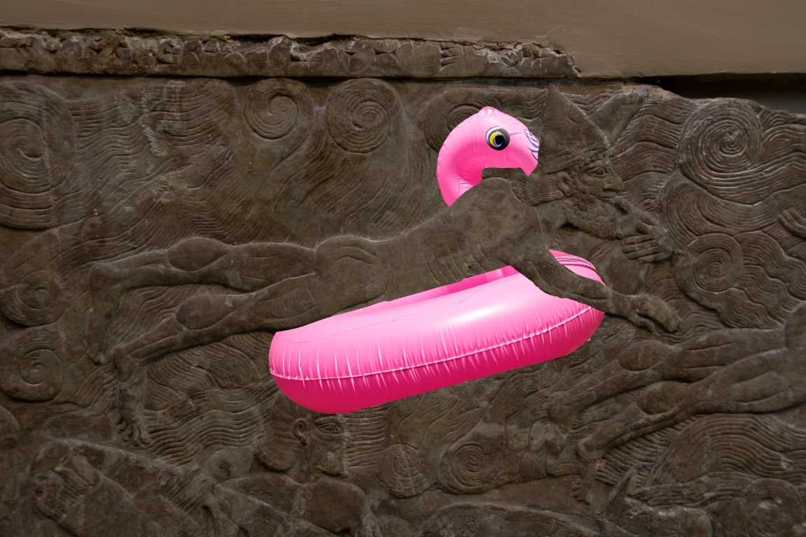 Pink inflatable flamingo float overlaid on an ancient Assyrian swimming relief panel