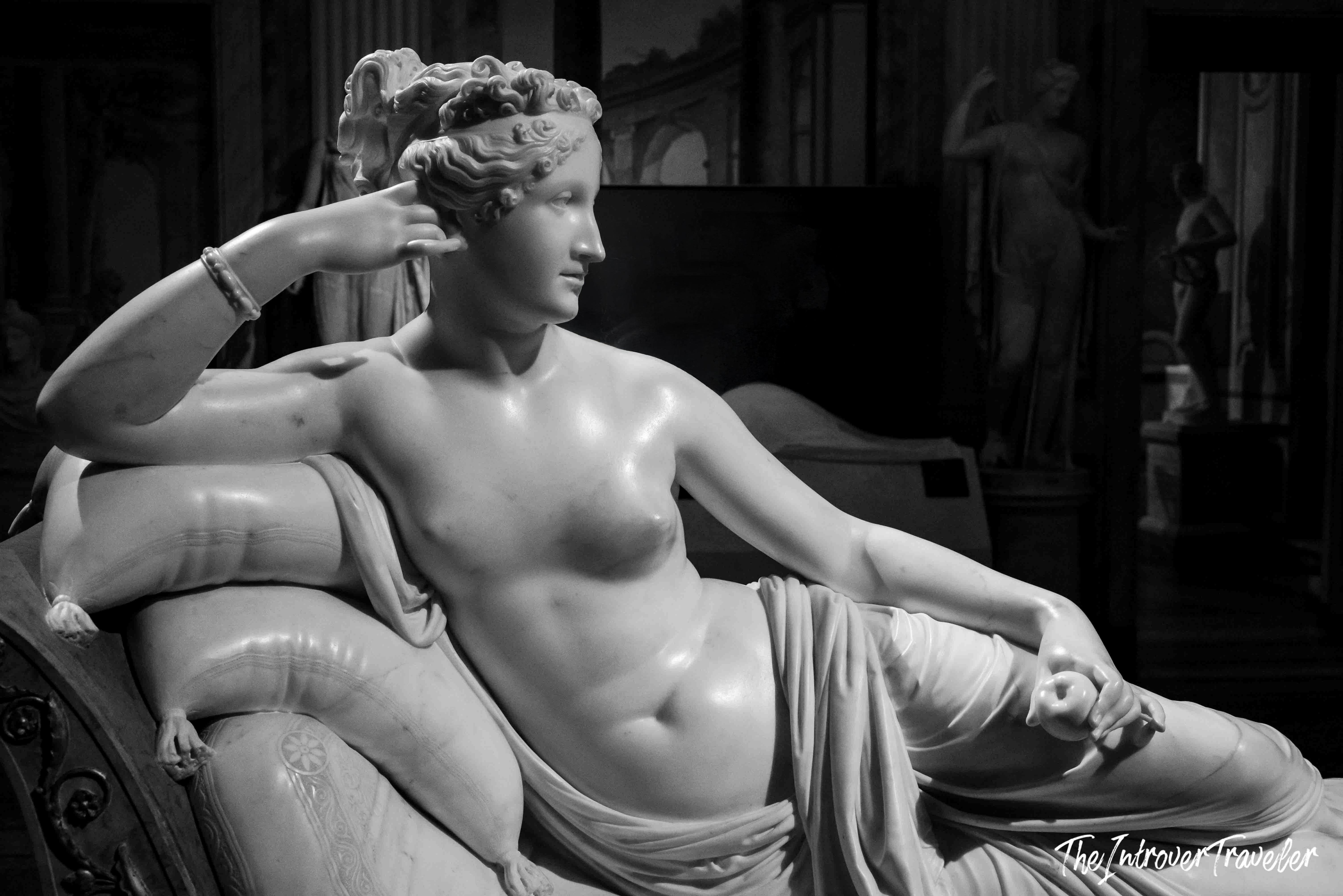 Pauline Borghese as Venus Victrix by Canova, reclining marble sculpture at Galleria Borghese