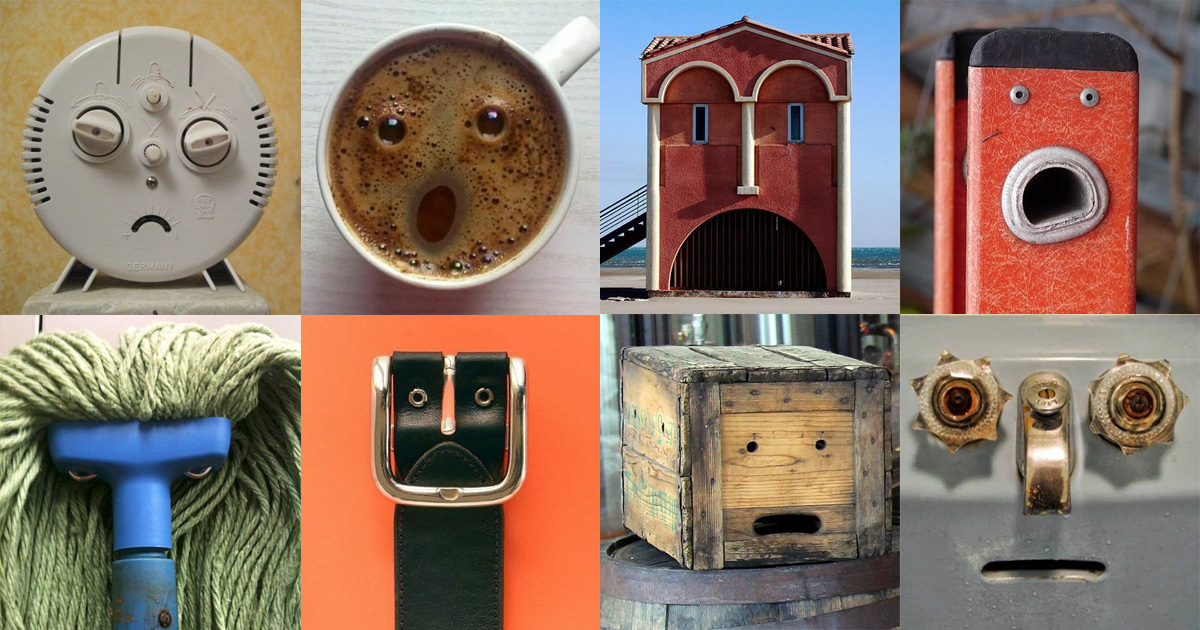 Everyday objects showing faces in clocks, coffee, buildings and boxes, illustrating pareidolia perception