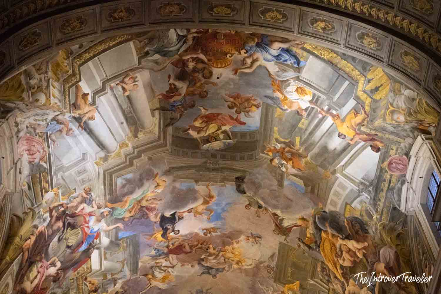 Ceiling fresco by Andrea Pozzo in Sant'Ignazio church Rome, with trompe l'oeil angels and heavenly figures