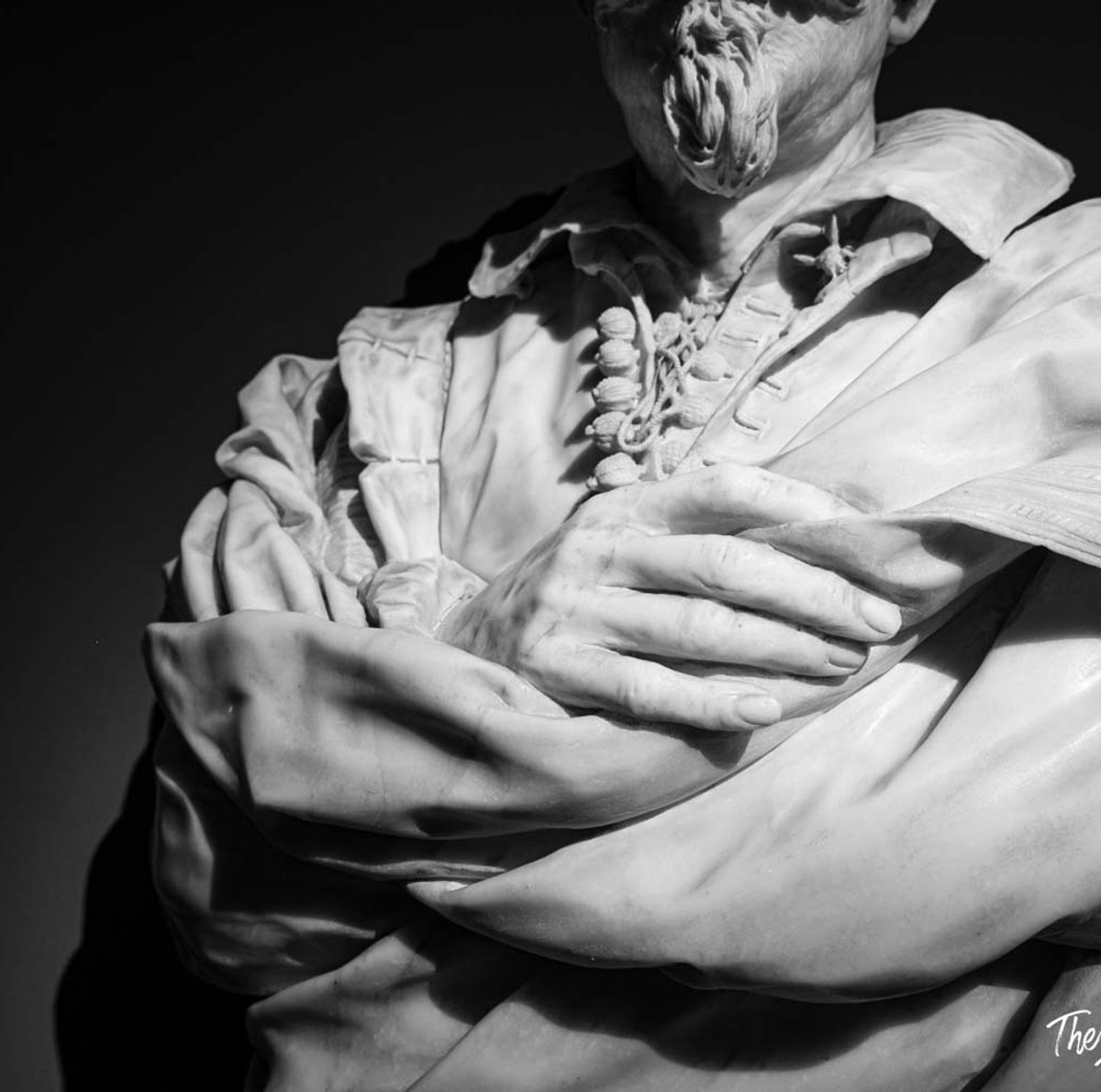 Close-up of Algardi's marble sculpture hands and chest detail, Bernini Barberini exhibition Rome