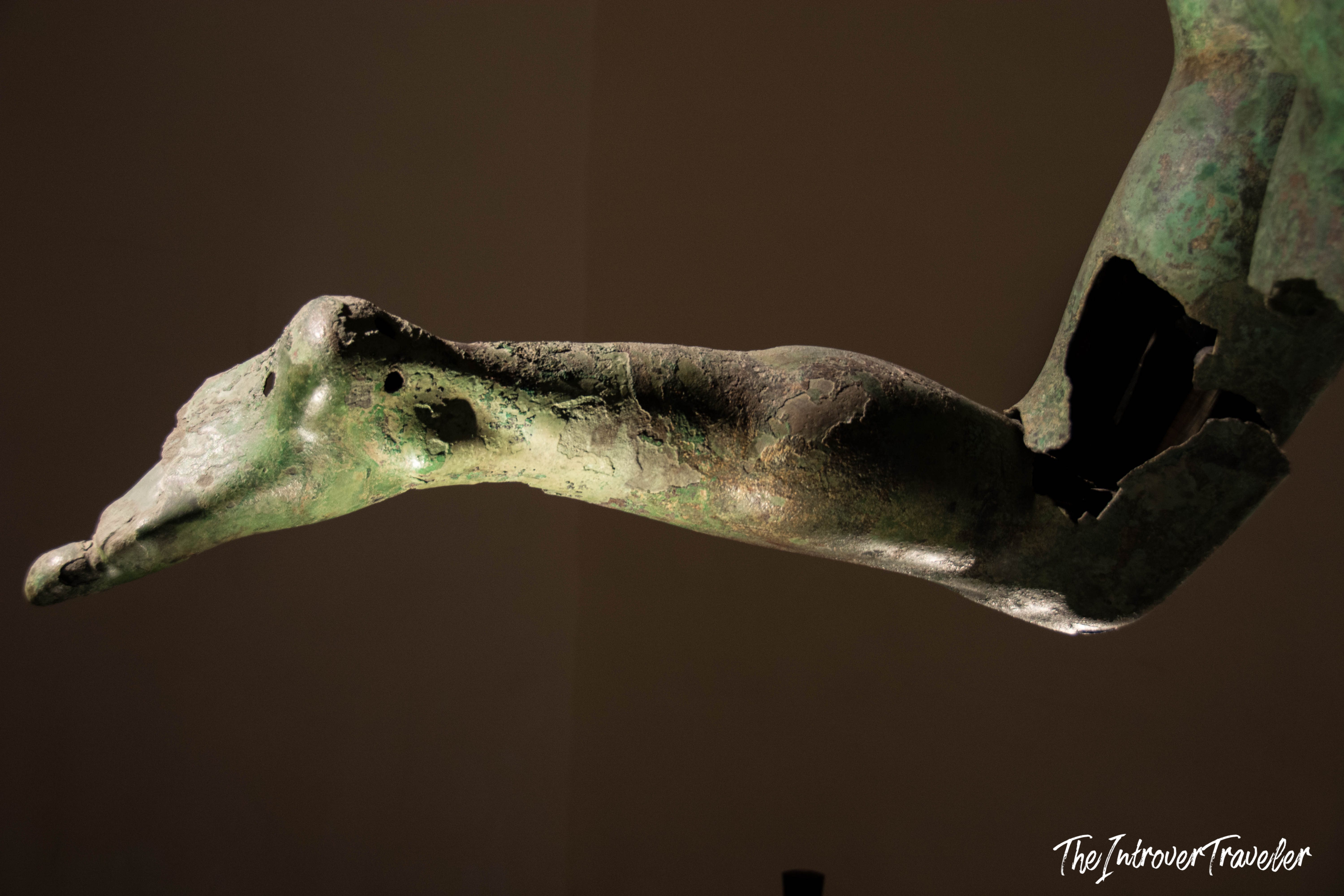 Close-up of the outstretched arm of the Dancing Satyr bronze, Mazara del Vallo, Sicily