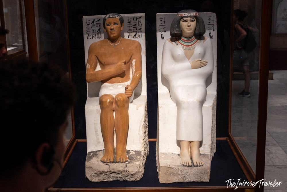 Painted limestone statues of Rahotep and Nofret, iconic Old Kingdom artifacts at the Egyptian Museum Cairo
