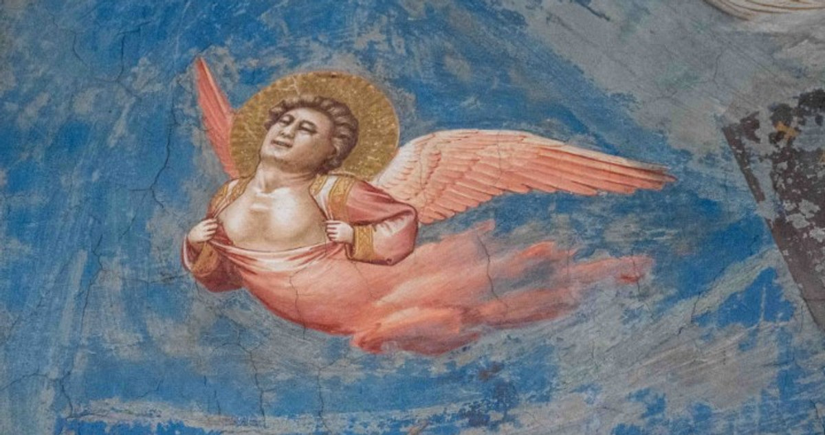 Grieving angel detail from Giotto's Scrovegni Chapel frescoes, Padua, showing pink wings and golden halo