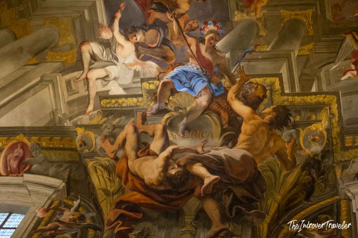 America allegory detail from Andrea Pozzo's ceiling fresco at Sant'Ignazio church in Rome