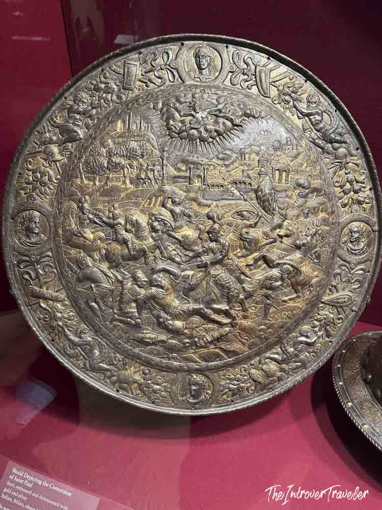 Italian gilded shield depicting the Conversion of Saint Paul, on display at the Met in New York