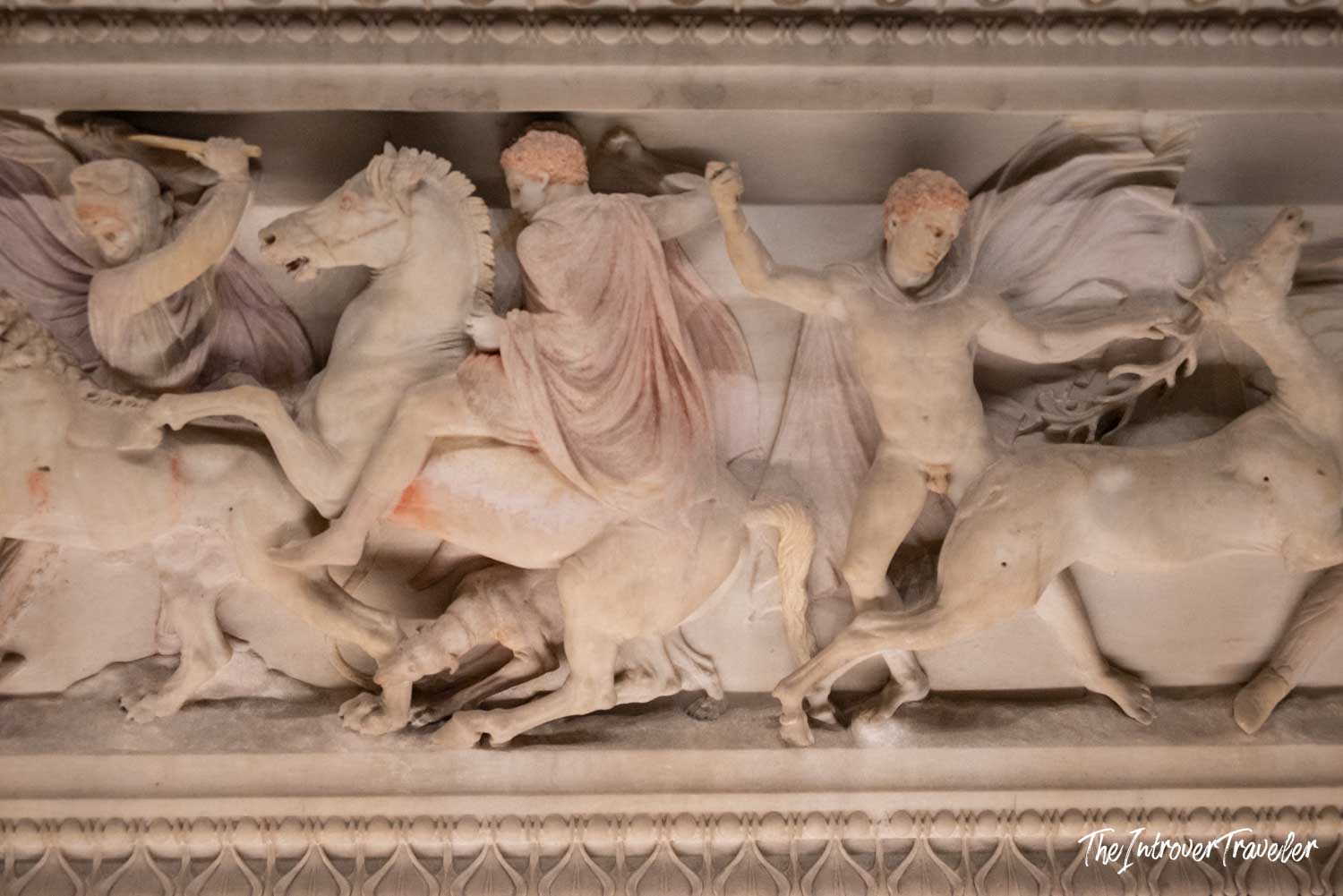 Close-up of battle relief on the Alexander Sarcophagus, Istanbul Archaeological Museum, with traces of original paint