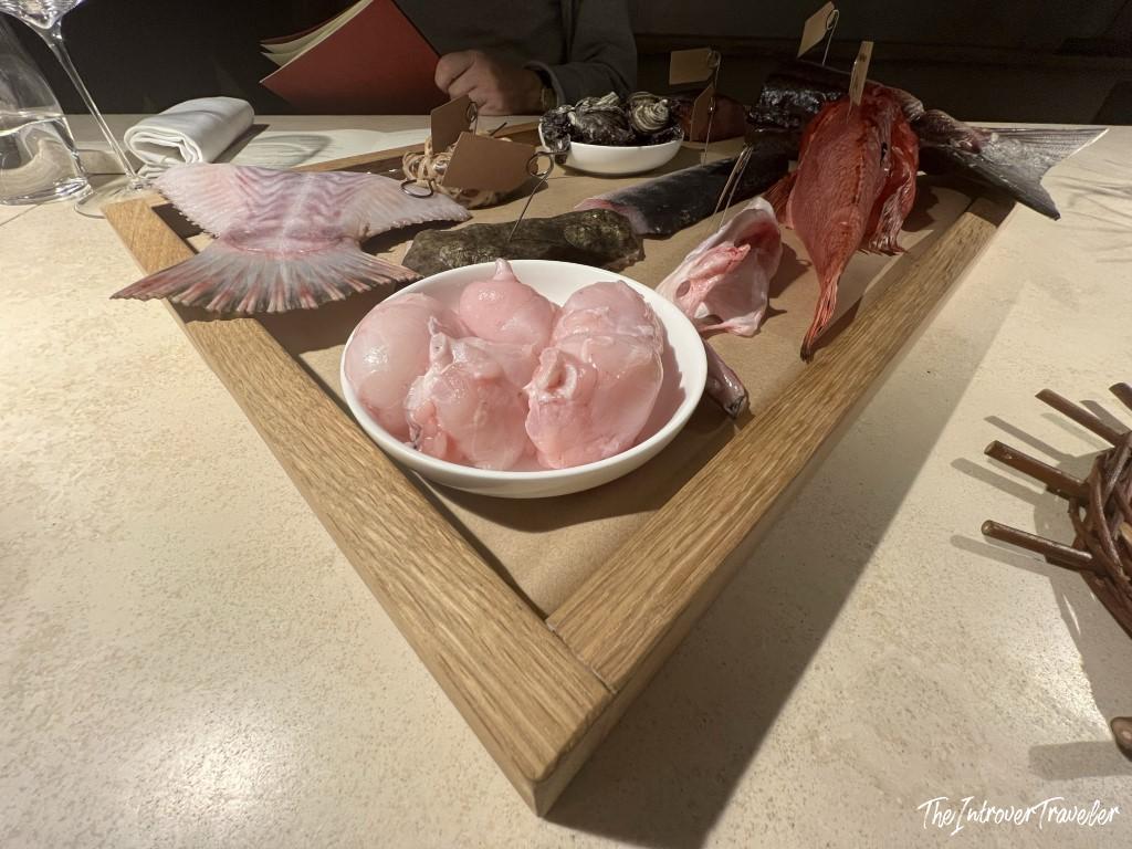Raw seafood display at Trattoria Da Lucio, Rimini, with fresh fish fillets and oysters on a wooden board