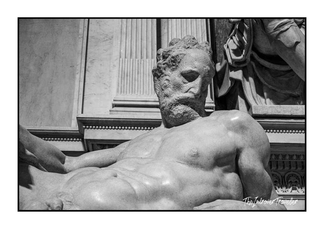 Close-up of Michelangelo's reclining Dusk figure on the Medici Tombs, New Sacristy, Florence