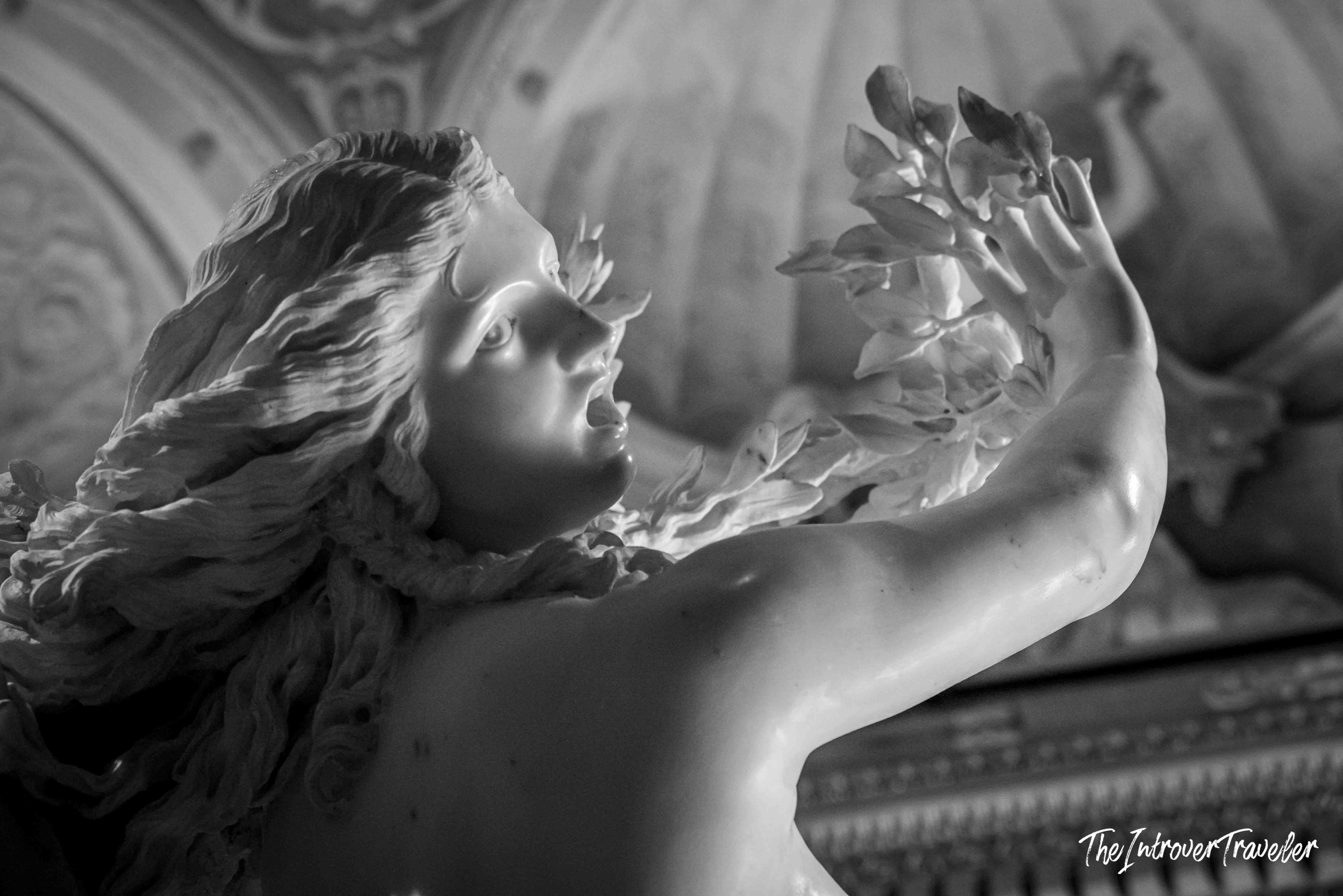 Close-up of Daphne's face and laurel-branch hand in Bernini's Apollo and Daphne, Borghese Gallery Rome