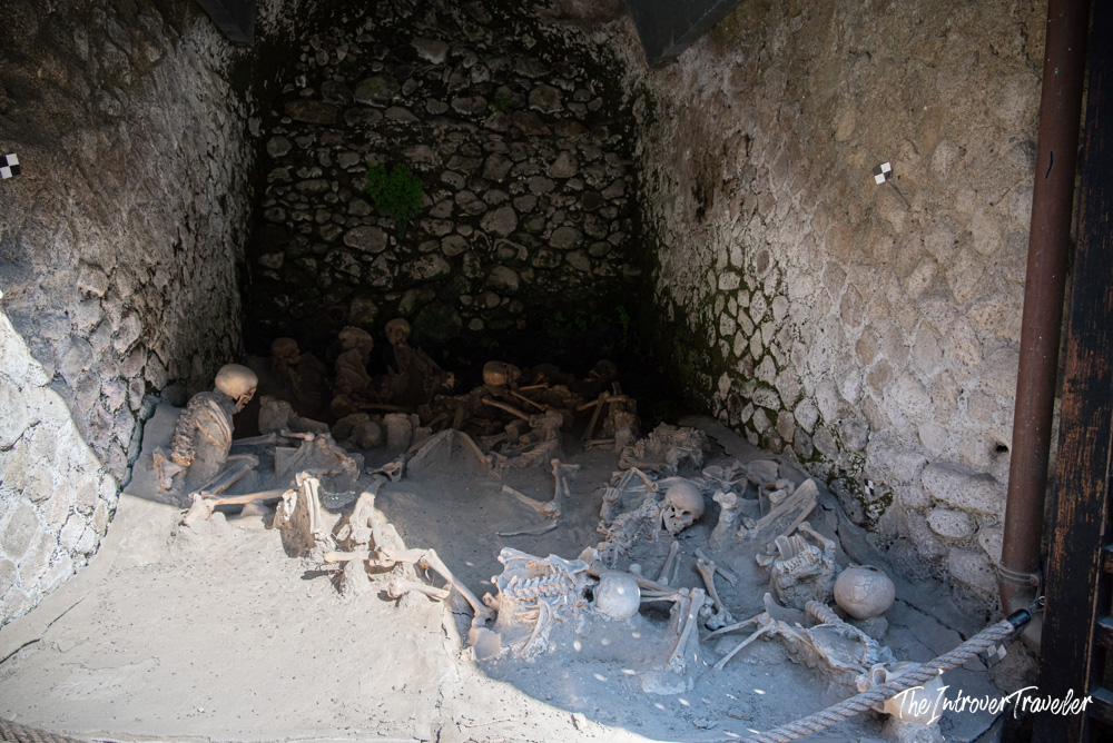 Human skeletons of Vesuvius victims preserved in a boat chamber at Herculaneum excavations