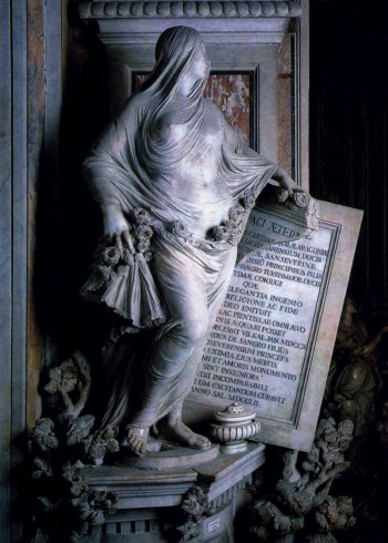 Modesty marble sculpture by Corradini in the Sansevero Chapel, Naples, veiled allegorical figure holding a plaque