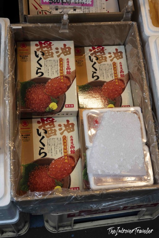 Boxed shoyu ikura (soy-marinated salmon roe) from Hokkaido on sale at Tsukiji fish market Tokyo