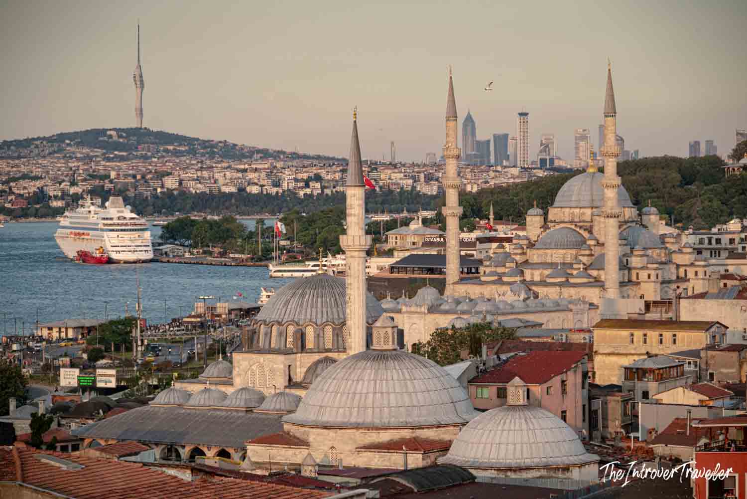 Istanbul skyline with Rustem Pasha and New mosques, the Bosphorus, and Camlica Tower beyond