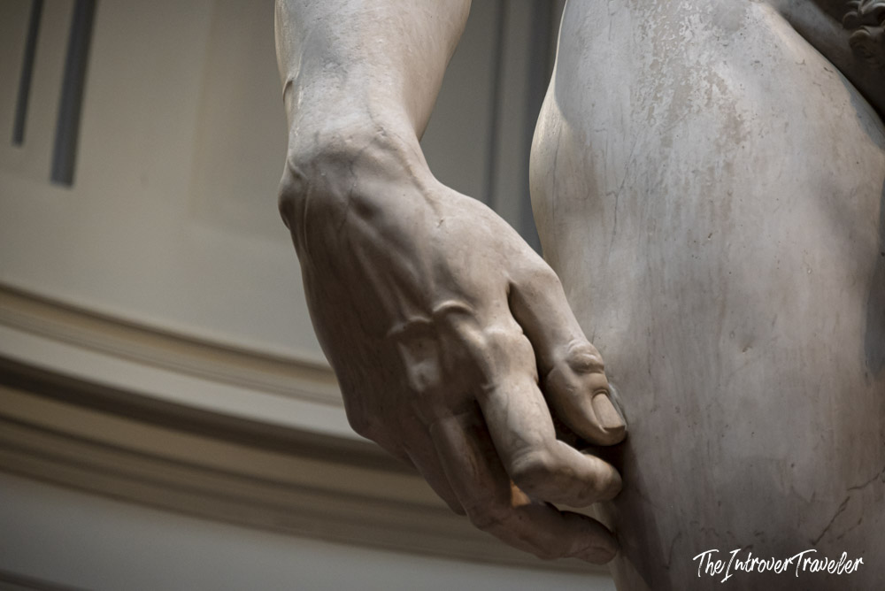 Close-up of Michelangelo's David hand, showing intricate marble detail at the Galleria dell'Accademia